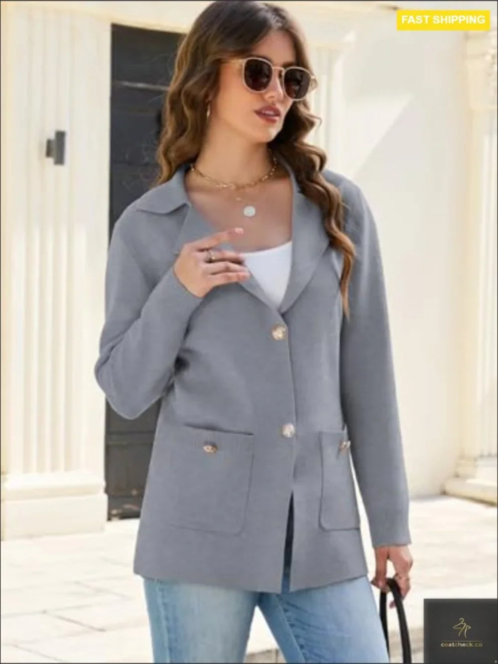 Sweater Blazer Casual Business Jacket Long Sleeve Cardigan Button Front Lapel